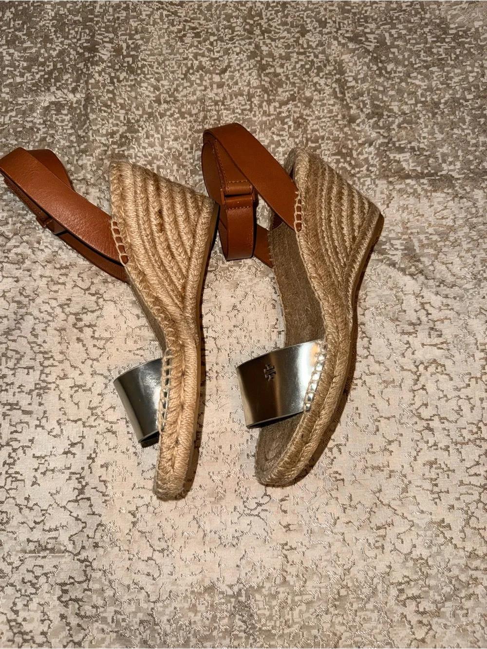 Tory Burch Silver Toe & Brown Ankle Espadrille Wedge Sandals